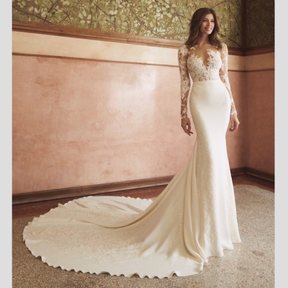 Pronovias Vicenta Lace Ivory Train Wedding Dress